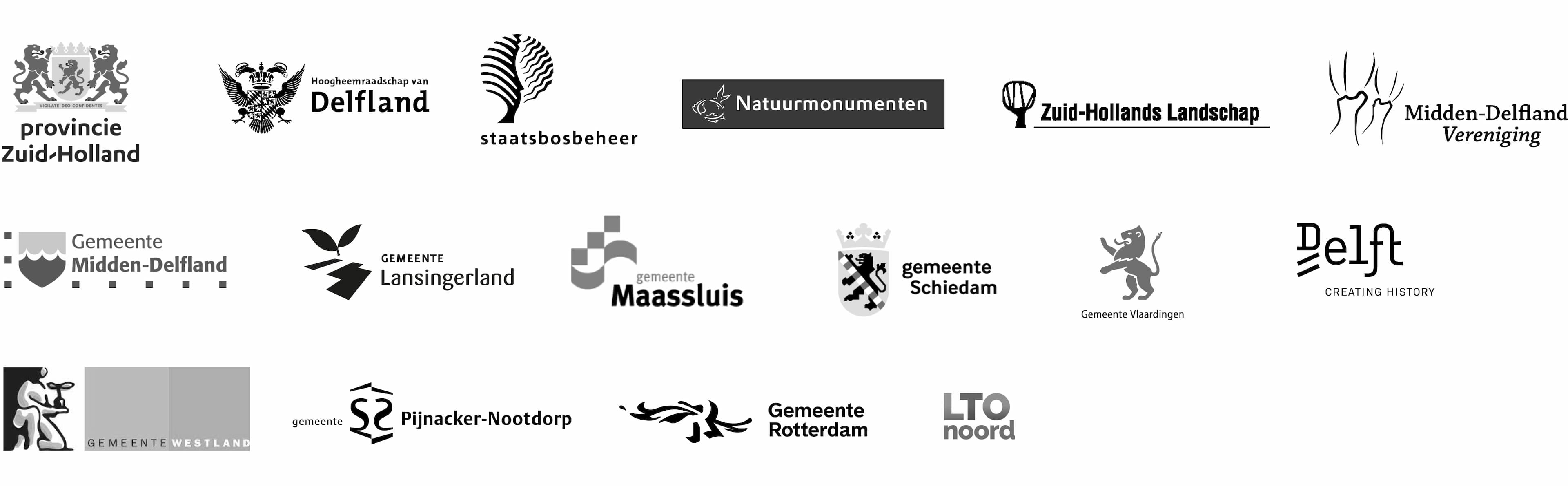 Partner logo's van links naar rechts in 3 rijen. Provincie Zuid-Holland, Hoogheemraadschap van Delfland, Staatsbosbeheer, Natuurmonumenten, Zuid-Hollands Landschap, Midden-Delfland vereniging, Gemeente Midden-Delfland, Gemeente Lansingerland, Gemeente Maassluis, Gemeente Schiedam, Gemeente Vlaardingen, Gemeente Delft, Gemeente Westland, Gemeente Pijnacker-Nootdorp, Gemeente Rotterdam en LTO Noord.