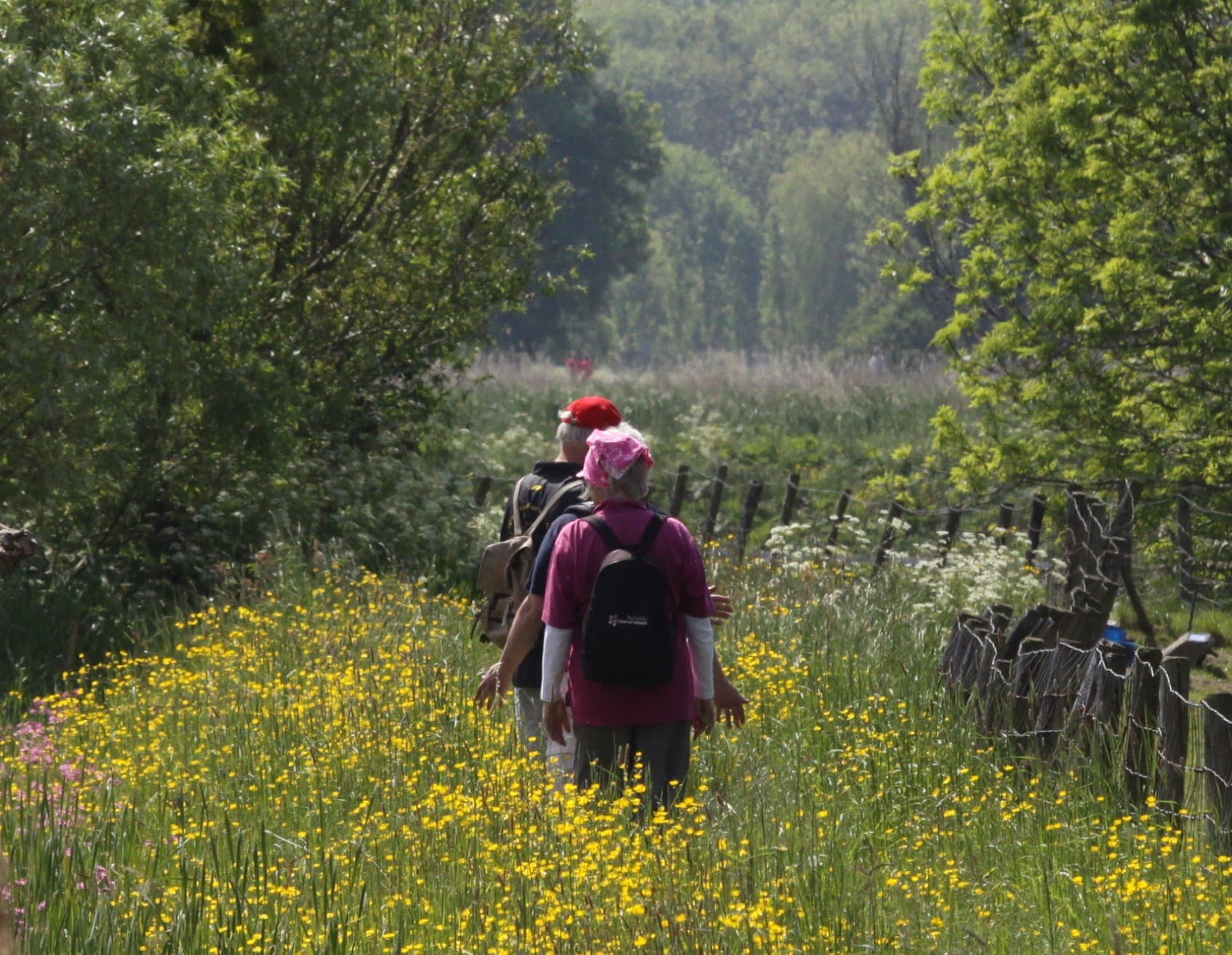 Twee mensen die door een natuurlandschap wandelen.